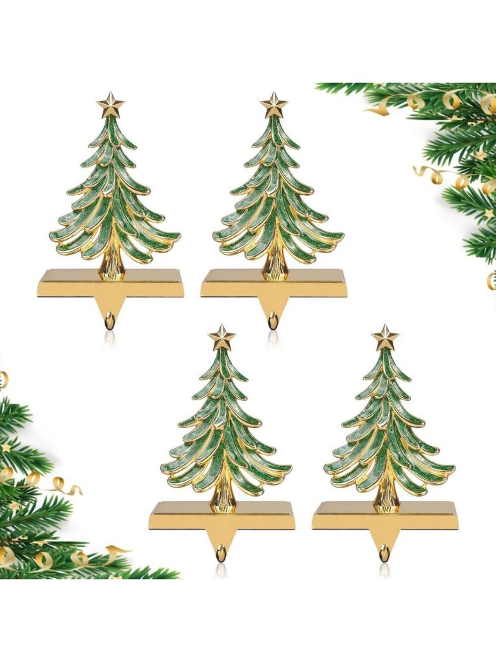 4PC Glitter Christmas Stocking Holders for Mantle - Durable Gold Xmas Decor